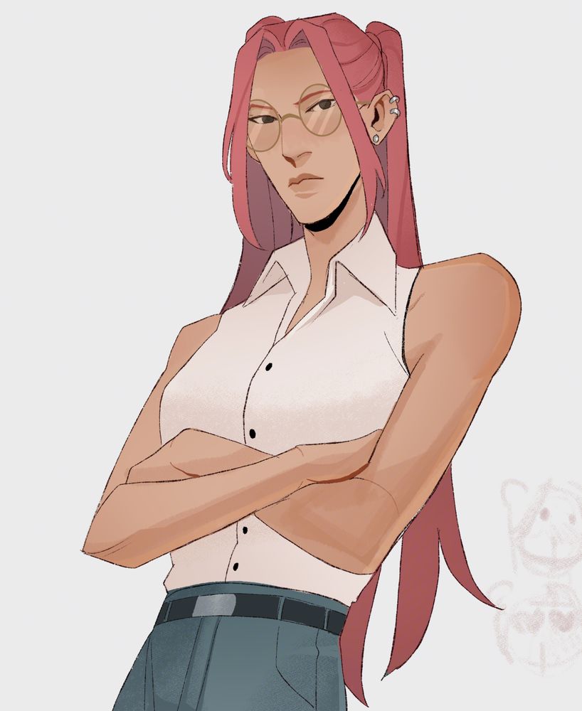Digital art of Mira from kpop demon hunters wearing white sleeveless collared shirt, jeans and wears glasses. 