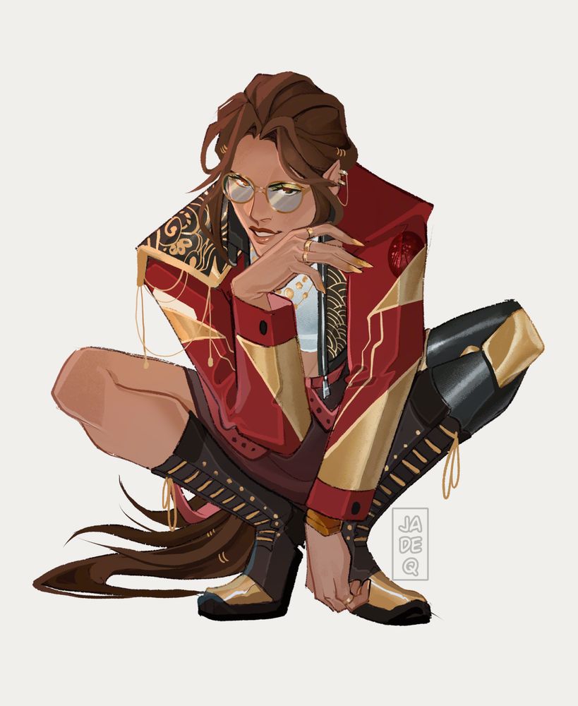 Digital art of Ly'rill has long dark brown hair tied in a ponytail, wearing a red crop jacket, half of it is dark with gold patterns. She is wearing gold jewellery and earrings, an aviator glasses, short skirt, long dark boots with gold laces and gold colored tip. Her left leg is a prosthetic.