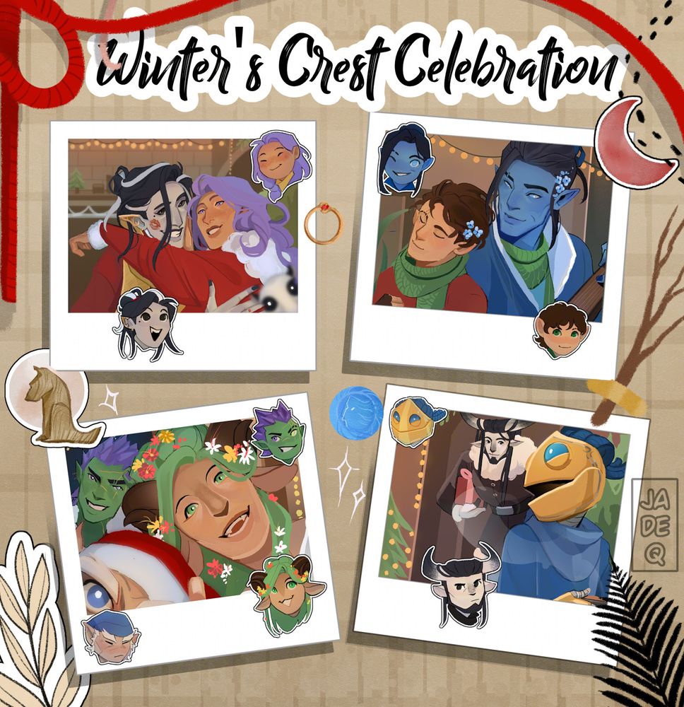 digital art of the whole bells hells gang, each with their respective personal 'photo'. The art resembles a scrapbook page, adorned with various stickers and trinkets that has significance to the person. Pate's tail is hanging on the left side and his paw prints are on the left side.

Text reads: Winter's Crest Celebration