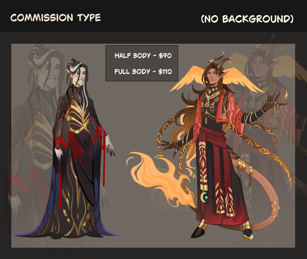 Text reads : Commission Type. No backgrounds. Half body $90. Full body $110. The page shows two full body characters