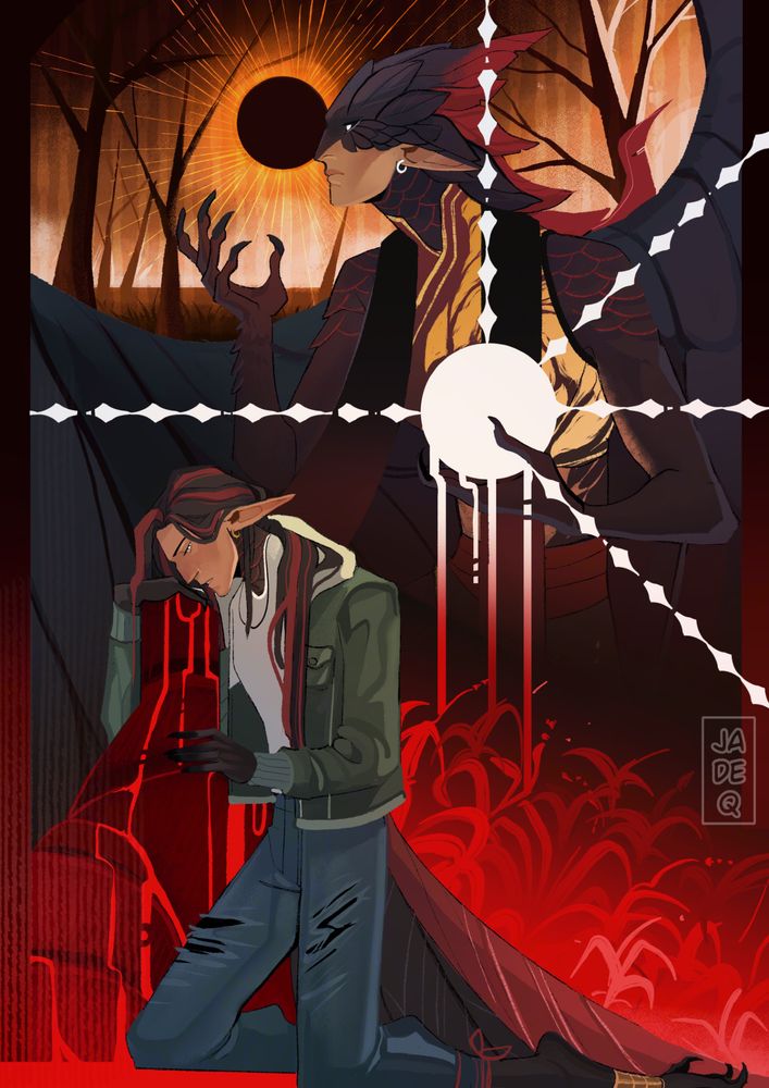 digital art of astrel, OP's harpy oc, her hand over a broken red pillar, rivulets of red flowing down and creating a red floor. Her other hand is open palm upon the pillar. She is looking at the audience, with a stoic expression. In the background are spider lilies and astrel's harpy form, wearing a vest with gold patterns. Harpy astrel is looking to the side, as one hand is holding a white circle with diamond patterns and rivulets of white to red to merge with spider lilies below. The upper part shows a massive forest fire, now barren and an eclipse.