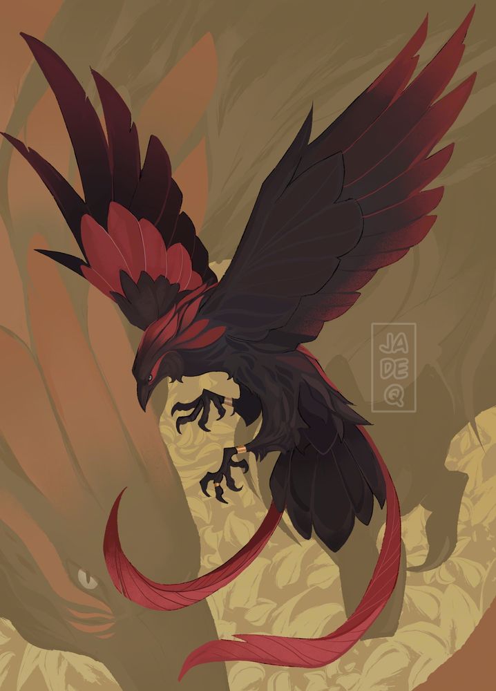 Digital art of Astrel's bird form, who has black and red feathers. Two long tail feathers. She's wearing gold bracelets and ring on her legs. She has silver eyes. The background is her bird self with patterns surrounding her.