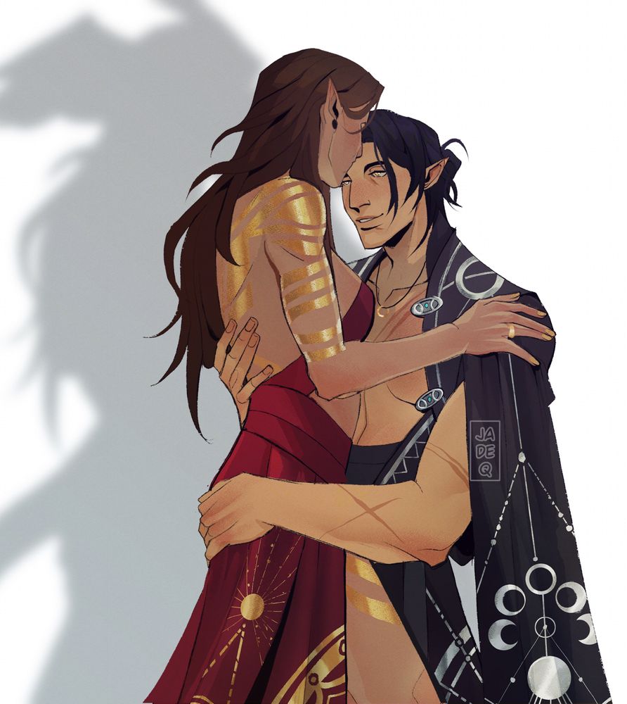 Digital art of OP's OCs, the left is Ly'rill with dark brown long hair, with gold markings, wearing red dress with gold patterns. She's kissing Cathrin's forehead. Cathrin has dark hair tied in a half ponytail, with black open black chest dress, long sleeves that has silver moon patterns.