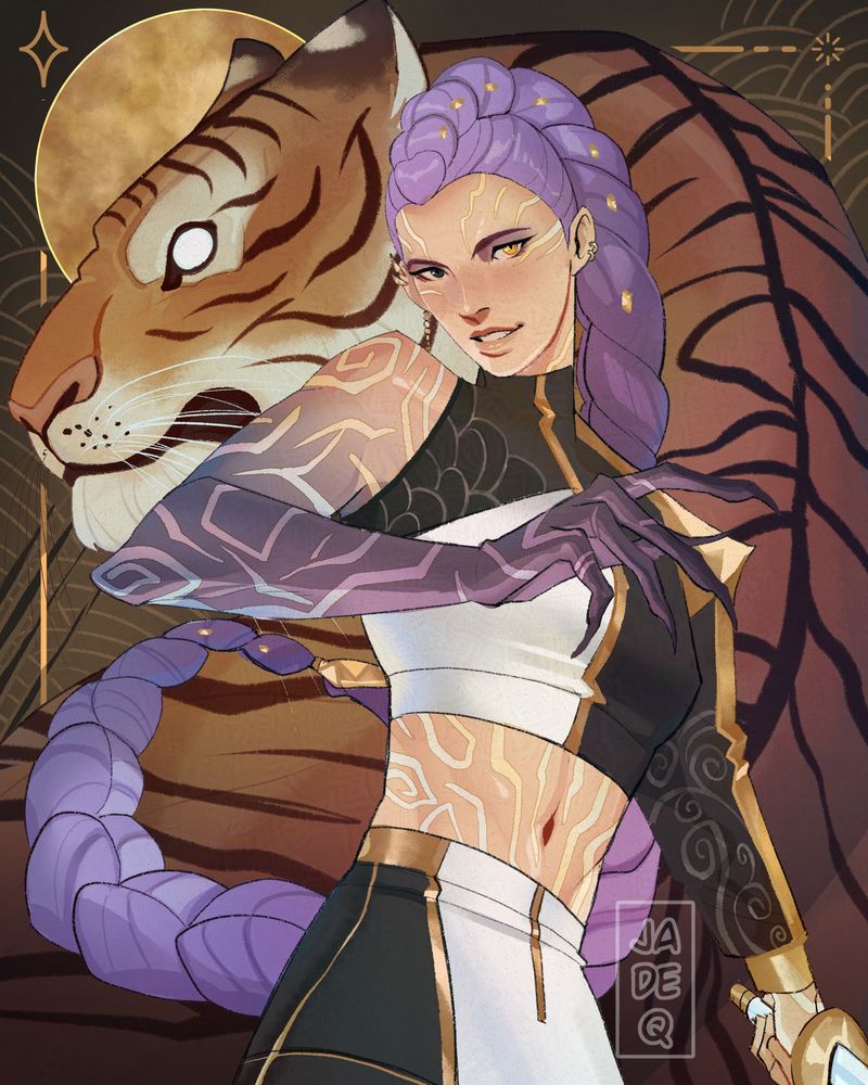 Illustration of Rumi from kpop demon hunters in her half demon form, with a playful expression. Behind her is a massive tiger and simple patterned background.