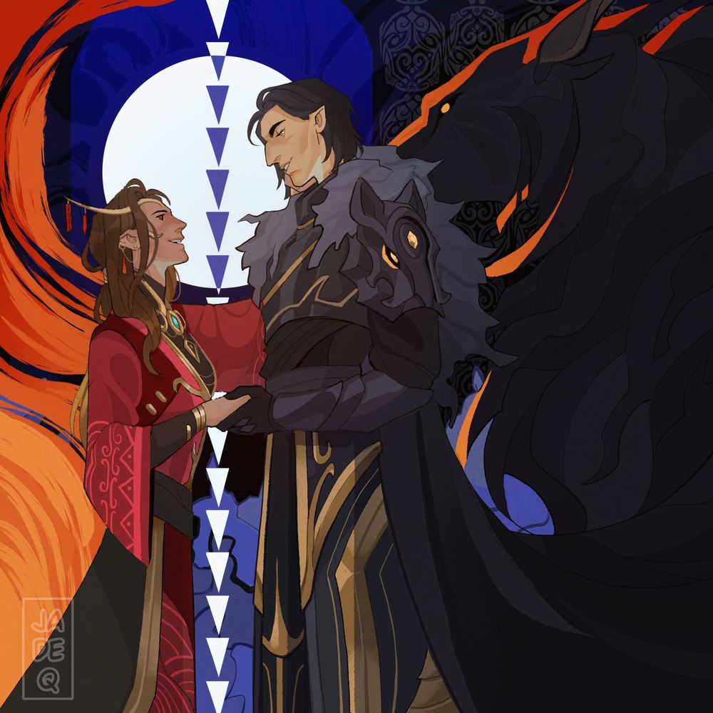 digital art of ly'rill and cathrin, OP's OCs. Ly'rill is wearing a red dress with neck high, long sleeved black underdress. They're wearing gold jewellery and behind them motif of fire eruption emerged from them. She's caressing Cathrin's cheek and looking at her with love. Cathrin is wearing a black armor with fur-lined black cloak. She is looking at Ly'rill with affection as her gauntlet hand gently holds Ly'rill hand. Cathrin's cloak looks to merge with a wolf with gold pupil. the background has a white circle, and in the middle is a series of line triangles.
