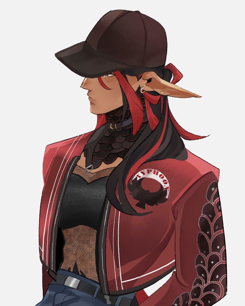 Digital art of Astrel, OP's OC, on a white background. She has a serious expression, wearing black cap, red jacket, see through net undershirt, with jeans. 