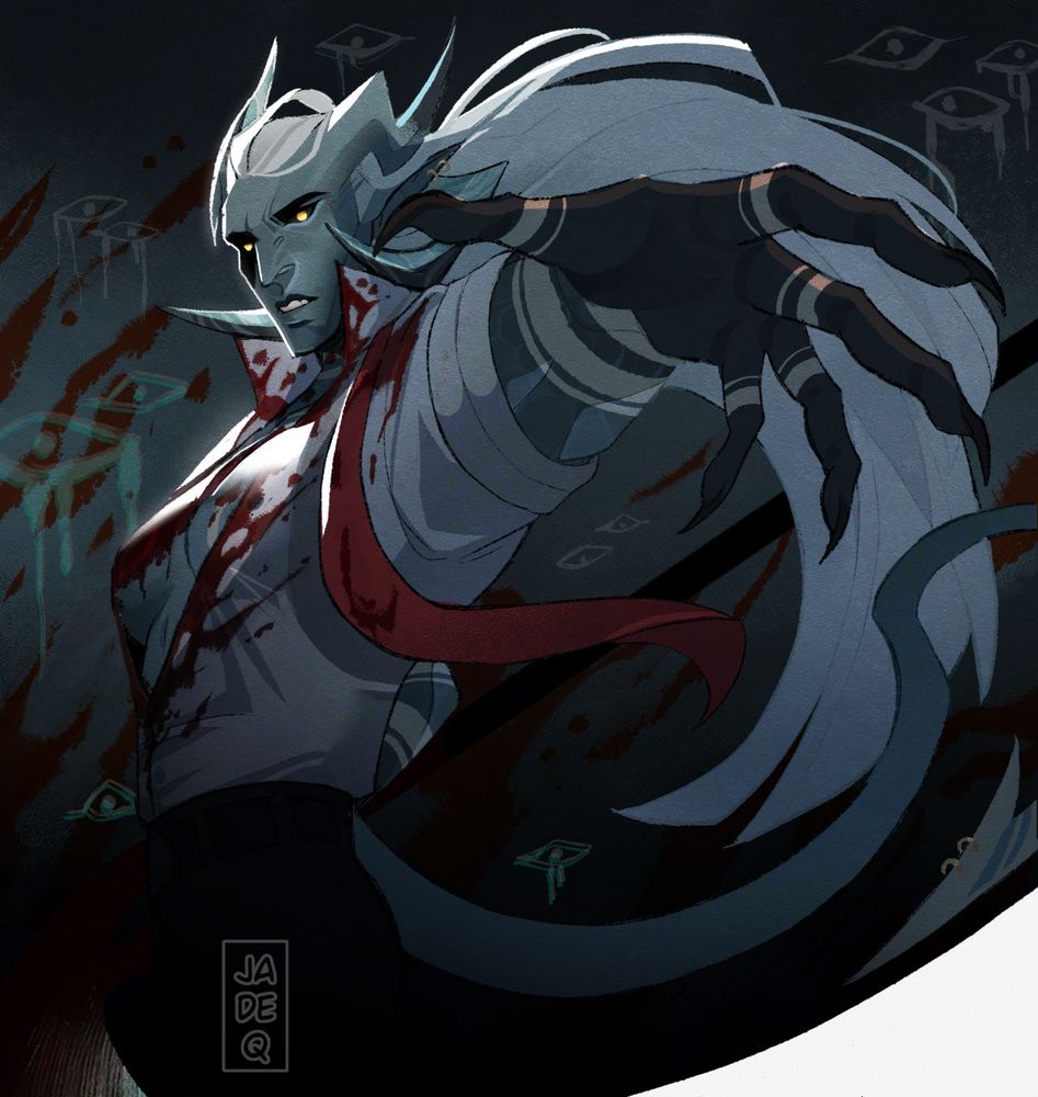 digital art of rania, OP's OC, with her changed clawed hand out towards the viewer. She has an angry expression, glowing gold eyes with 4 horns. Her long white hair flowing. She's wearing an open button white collar shirt, smattered with blood. She's holding a manifested sycthe. The background has subtle eyes and splattering of blood on the wall. 