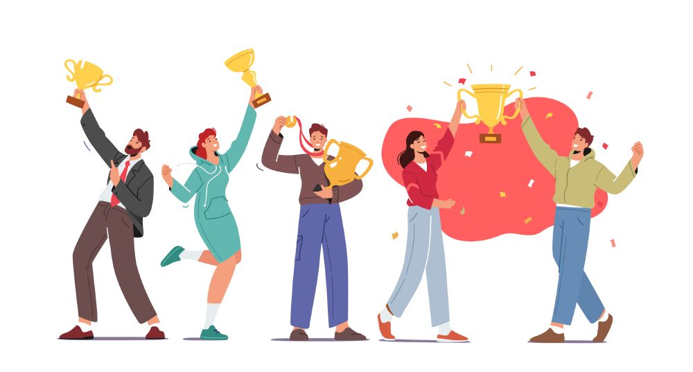 cartoon people celebrate with trophies and confetti on a white background
