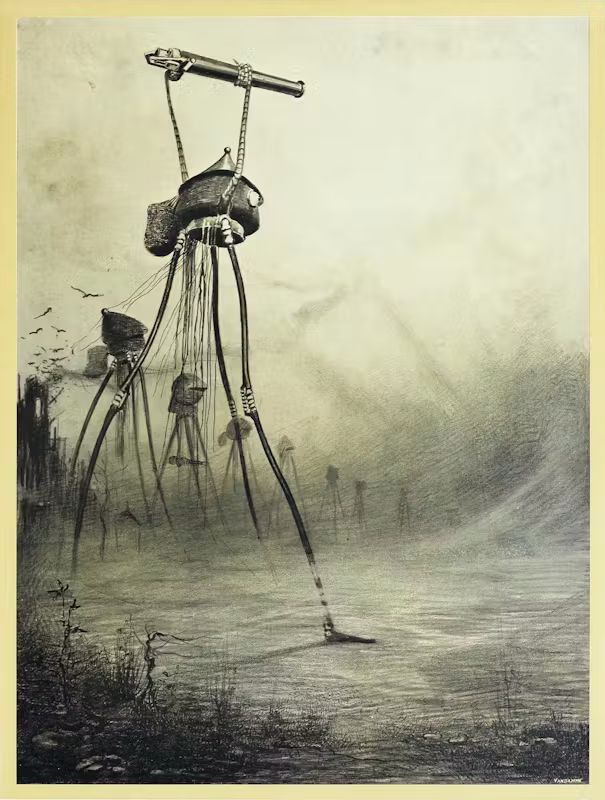 Several massive water tower-like tripods walk in unison into the foggy country.