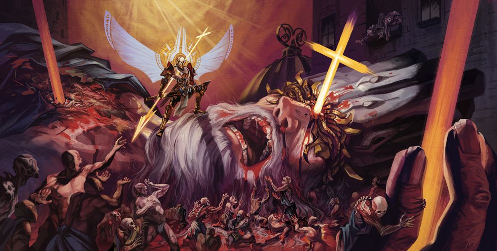 King Minos from ULTRAKILL, screaming and writhing on the ground after being impaled through the forehead, chest and hand by several holy spears. A glowing cross stands in the middle of Minos' head, his crown cracked, as blood pours out of him. Gabriel stands atop his beard, holding another spear. He is bathed in holy light from above. Below him and Minos are husks, reacting in horror and grief. Several of them cling to Minos' face and hand in his pools of blood. One of them is outstretched towards Gabriel, as if asking "Why?!" Gabriel, unmoved, appears to be looking in their direction.