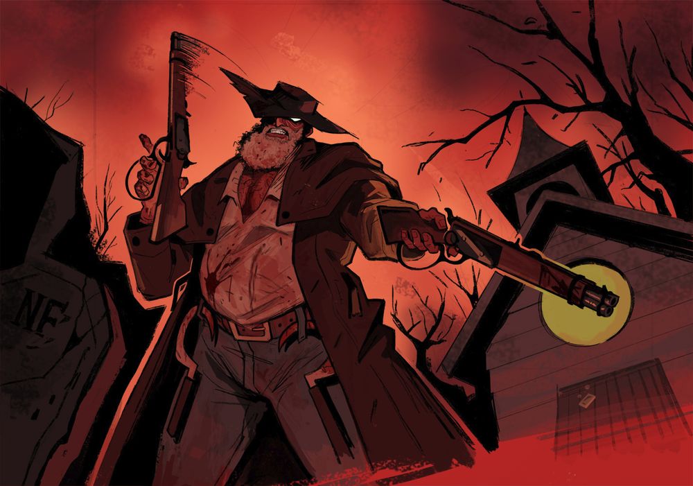 The main character from DUSK (an older bearded man wearing a wide brim hat and a long duster) standing powerfully in a forest of leafless trees with a single small church behind him, and gravsetones in front of him. He is holding a sawed off m1894 winchester in each hand and is in the middle of reloading one with a spin. He is scowling.