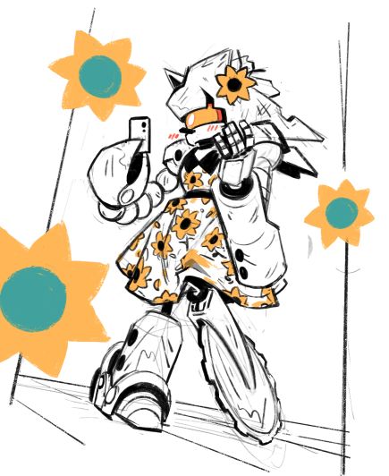 scrapnik mecha sonic taking a selfie in front of a mirror, wearing a sunflower dress with sunflower emojis added to the shot