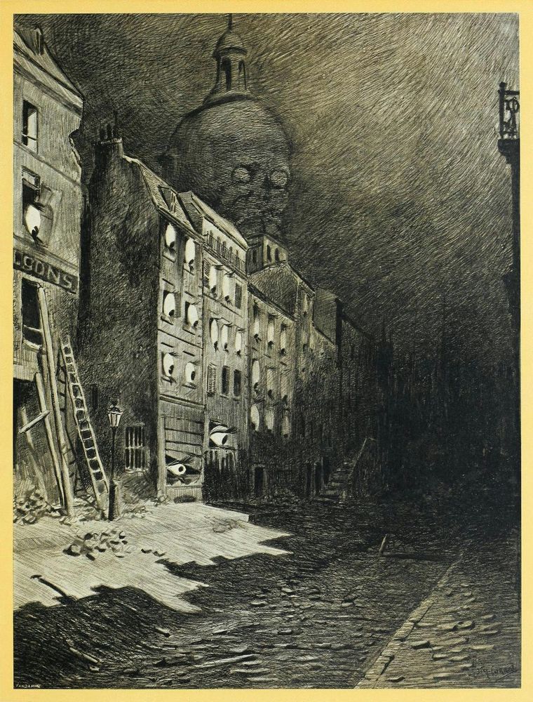 Graphite illustration of an empty destroyed street during nighttime in paris. All the buildings windows are cartoonish eyeballs, attentively watching the darkness beyond. A blurry dome in the background appears as a human head, also watching.