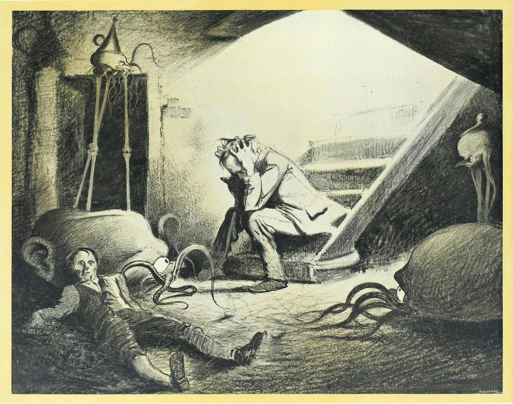 A man hunched over, grasping his head in fear, frustration and despair as several octopus-like aliens crawl up to him, a dead man is laying in the foreground.