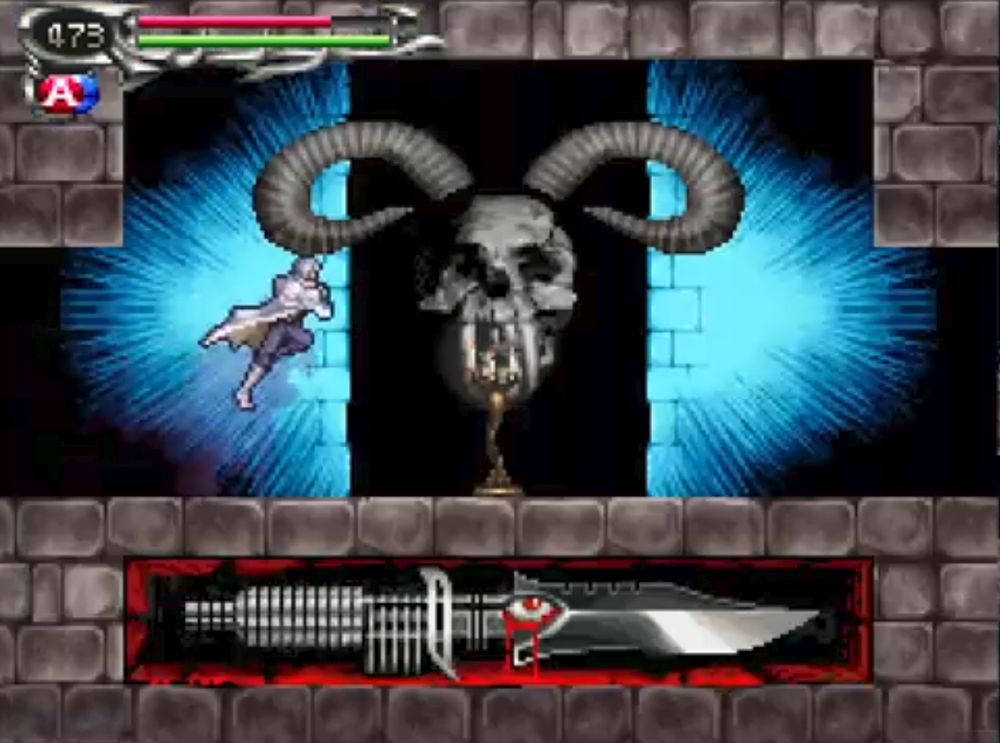 image from castlevania dawn of sorrow. the background has a giant human skull with ram horns, and below embedded in the ground is a knife with a bleeding eye