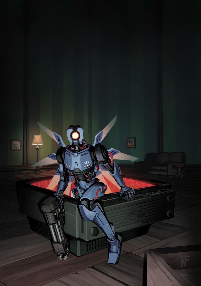 A parody of the painting "Truth Coming Out Of Her Well". V1 from ULTRAKILL, a blue humanoid robot holding a shotgun in one hand, slowly emerges out of a fallen giant crt tv laying on its back. The room is a tall, dark, empty, green-ish living room, save for a lamp, a couch and two pictures hanging on the wall. The tv screen glows bright red. V1 stares directly at the viewer, their eye reflecting bright in the darkness like an animal. The paintings in the background are covers from Bull of Heaven, single 210, (A giant bull in a pasture) and Piranesi. single 033. (A pigeon flying toward plastic netting)