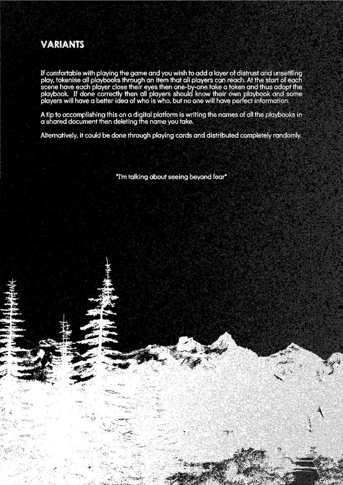 A page, roughly a fifth has text titled "Variants". Below that text is the quote "I'm talking about seeing beyond fear". The page is spotted with a noisy fade of black to white from left to right. At the bottom of the page is a scene of trees and mountains in pure white, detail barely discernable from a few lines of black.