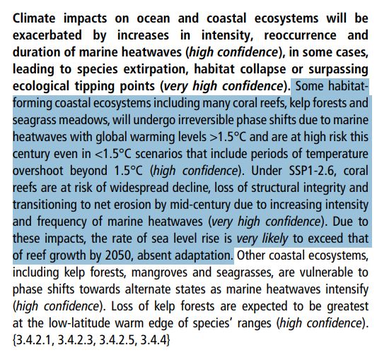 Excerpt from IPCC Sixth Assessment Report, Working Group 2, Chapter 3 Executive summary. Text reads as follows:

Climate impacts on ocean and coastal ecosystems will be
exacerbated by increases in intensity, reoccurrence and
duration of marine heatwaves (high confidence), in some cases,
leading to species extirpation, habitat collapse or surpassing
ecological tipping points (very high confidence). Some habitat forming coastal ecosystems including many coral reefs, kelp forests and
seagrass meadows, will undergo irreversible phase shifts due to marine heatwaves with global warming levels >1.5°C and are at high risk this
century even in <1.5°C scenarios that include periods of temperature
overshoot beyond 1.5°C (high confidence). Under SSP1-2.6, coral
reefs are at risk of widespread decline, loss of structural integrity and
transitioning to net erosion by mid-century due to increasing intensity
and frequency of marine heatwaves (very high confidence). Due to
these impacts, the rate of sea level rise is very likely to exceed that
of reef growth by 2050, absent adaptation. Other coastal ecosystems,
including kelp forests, mangroves and seagrasses, are vulnerable to
phase shifts towards alternate states as marine heatwaves intensify
(high confidence). Loss of kelp forests are expected to be greatest
at the low-latitude warm edge of species’ ranges (high confidence).
{3.4.2.1, 3.4.2.3, 3.4.2.5, 3.4.4}