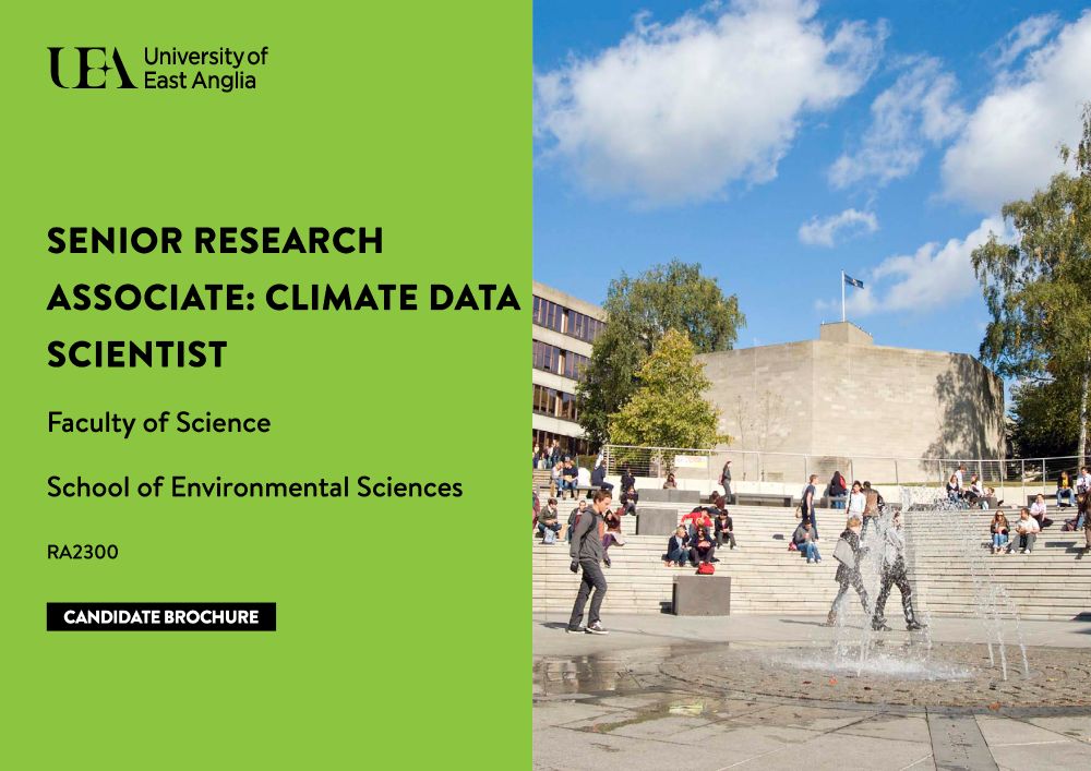 Cover page of the candidate brochure for a Senior Research Associate / Climate Data Scientist post at UEA