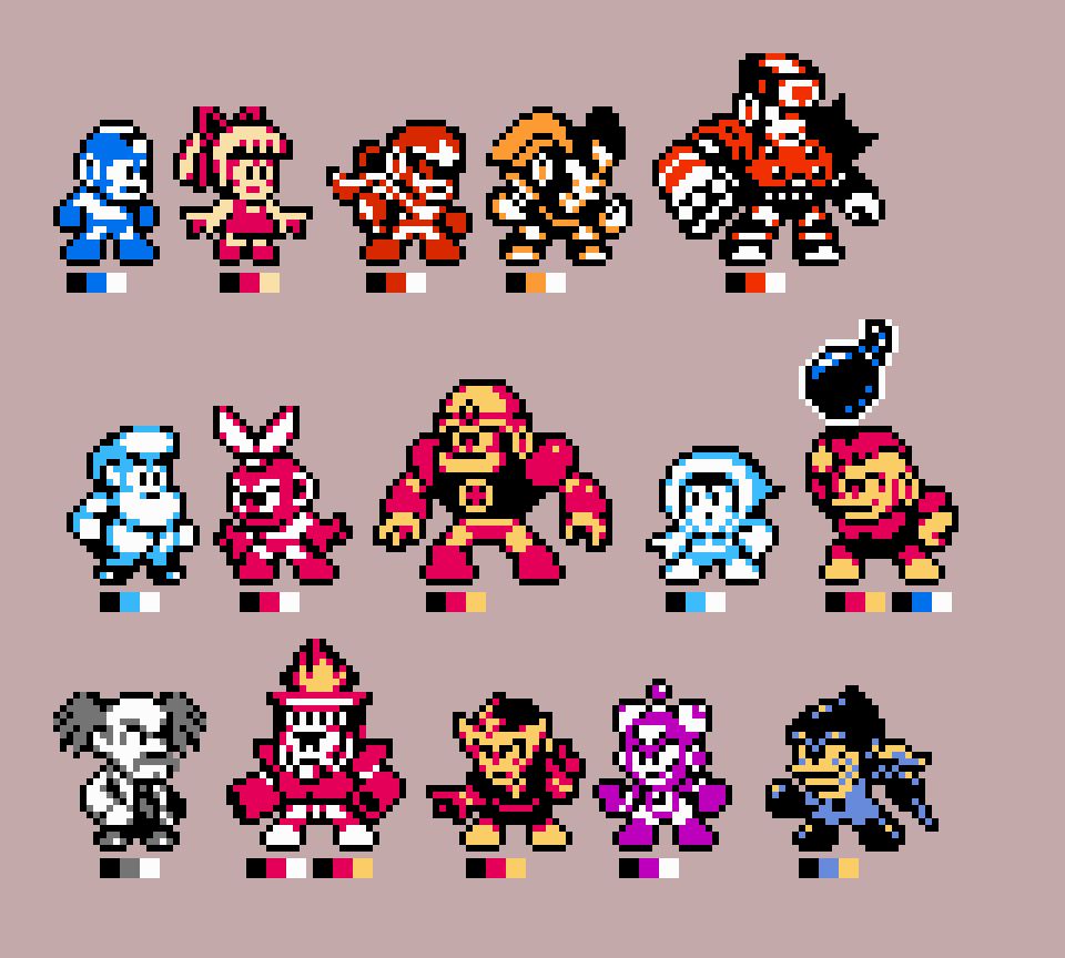 Mega Man characters in the style of my GBC mockup.