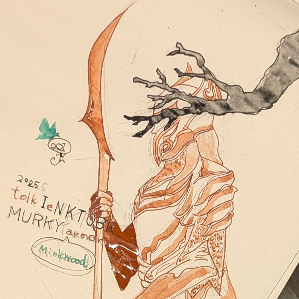 吉祥顔彩の岱赭で描いた闇の森エルフ黒で描いた枝花白緑で描いた蝶のイラスト