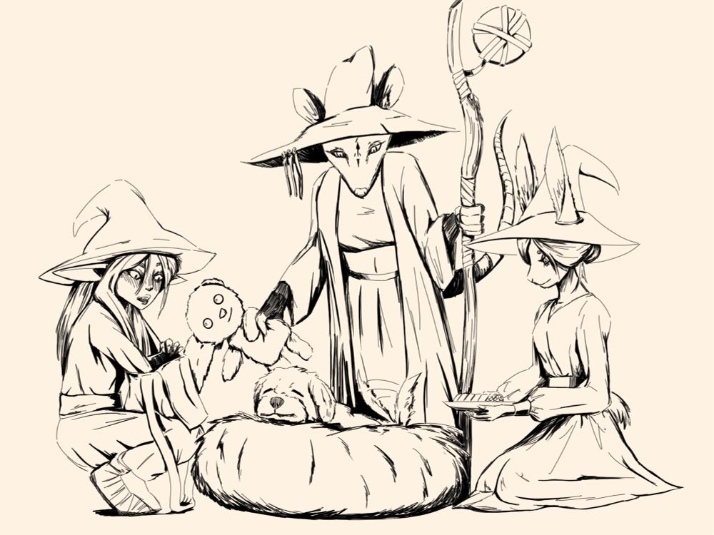 Line art of three witches surrounding a a happy lil Pomeranian poodle in his fluffy bed in the centre. 
A goblin witch to the left, crouched by the bed with an arm in her bag searching for something. 
A possum witch standing over the dog, giving him his favourite teddy bear. 
A rabbit witch kneeling to the right holding a plate of his favourite food. 