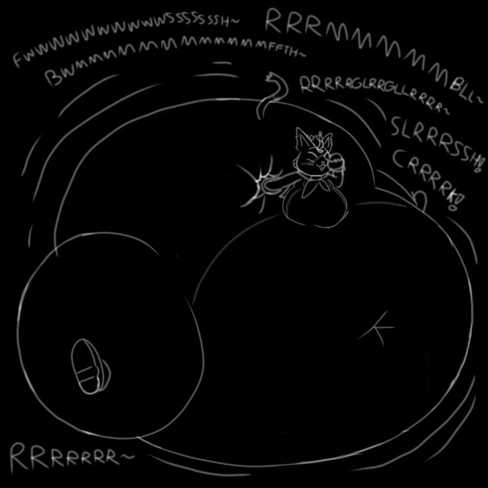 Cait Sith from FF7, drinking a strange soda and pressing his free hand into his now massively-bloated and sloshy rump. His ballooning lower body fills the screen, and is constantly rumbling and churning as it grows bigger... I think he's had too many of those sodas...