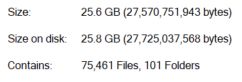 Size: 25.6 GB (27,570,751,943 bytes)
Size on disk: 25.8 GB (27,725,037,568 bytes)
Contains: 75,461 Files, 101 Folders
