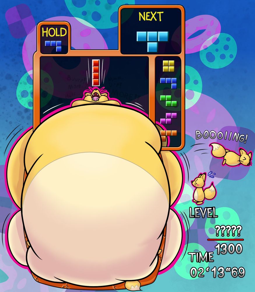 Kita the fox from TGM4: Absolute Eye sits in a Tetris well, eating all the tetriminoes as they spawn, wreaking havoc on an Asuka player's game. She's gotten so large and fat she's filled the well near to bursting, and the level counter can't keep track anymore. Two smaller Kita are next to her, one watching with equal parts concern and flustered excitement as the greedy fox grows... The other had gotten just a bit too close to their expanding friend though, and was launched away by the blubber with a resounding BOOOIING!