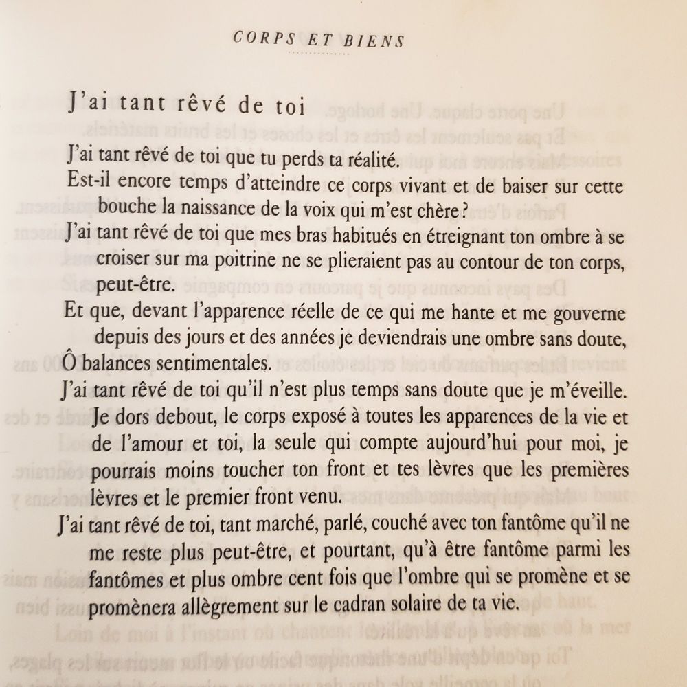 The poem J'ai tant rêvé de toi (1926) by Robert Desnos.