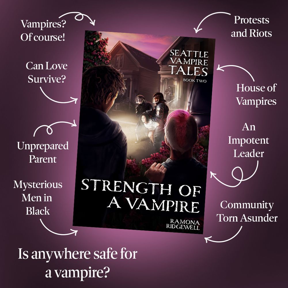 Cover of “Strength of a Vampire” at a slight angle on a misty lavender background. White text at the bottom left says, “Is anywhere safe for / a vampire?” The book is surrounded by phrases with arrows and curly arrows, all in white—“Vampires? / Of Course!”; “Can Love / Survive?”; “Unprepared / Parent”; “Mysterious / Men In / Black”; “Protests and / Riots”; “House of / Vampires”; “An / Impotent / Leader”; “Community / Torn Asunder.”