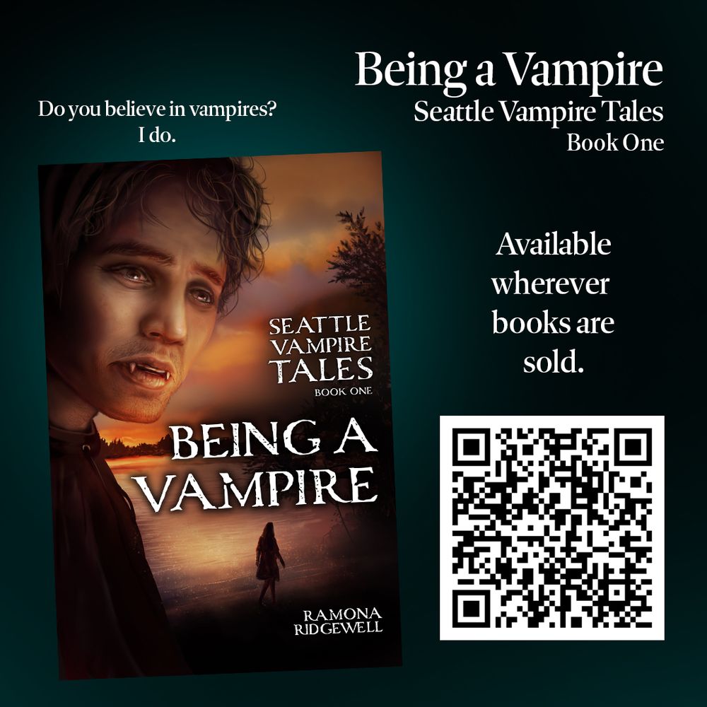 Cover of “Being a Vampire” at a slight angle on a misty dark teal background. White text at the bottom left says, “Where do the vampires / lurk in Seattle?” The book is surrounded by phrases with arrows and curly arrows, all in white—“Vampires? / Of Course!”; “Dark / Secrets”; “Emotional / Scars”; “Seattle’s / Dark / Underbelly”; “COVID / Impacts”; “Coffeeshop / Dates”; “An / Unsuspecting / Nurse”; “Building / Community.”