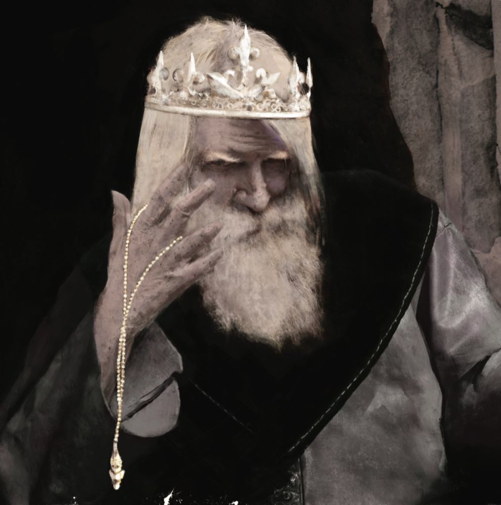A grizzled old king holding an amulet and leering