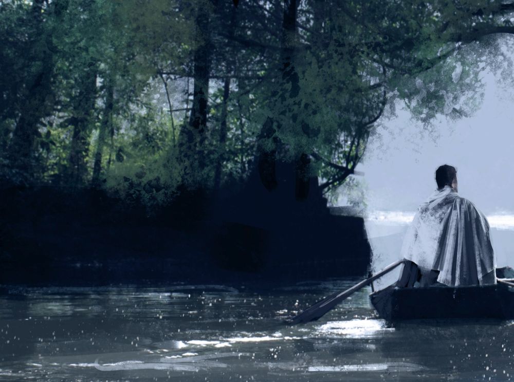 Painting of a man in a boat traveling down a river.