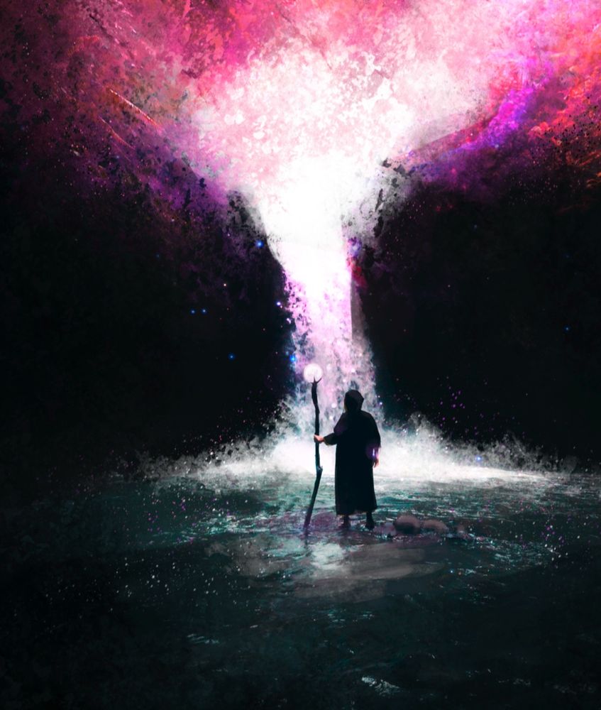 Image of a wizard-type character standing in front of a fount of pink-colored arcane energy. 