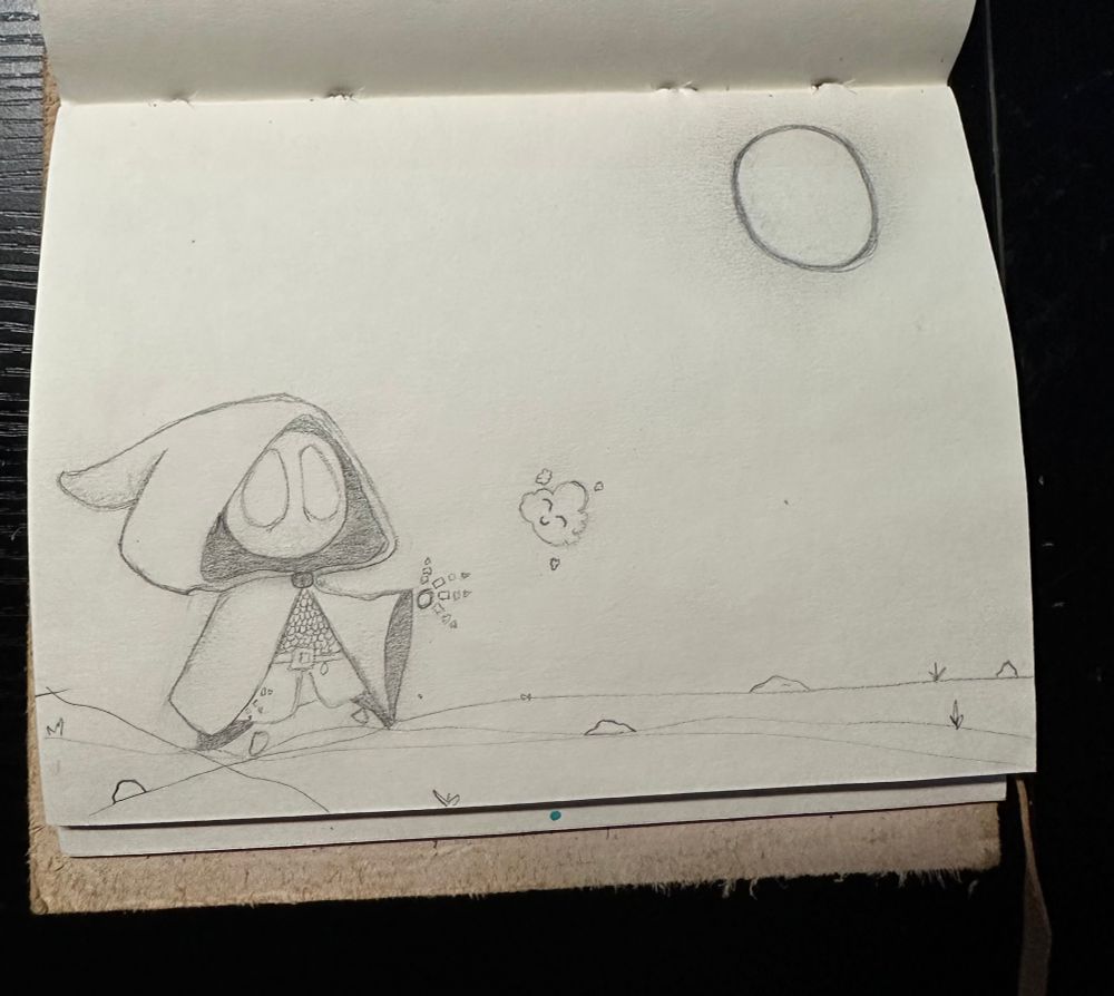 A small hooded creature with large eyes standing on a barren landscape 