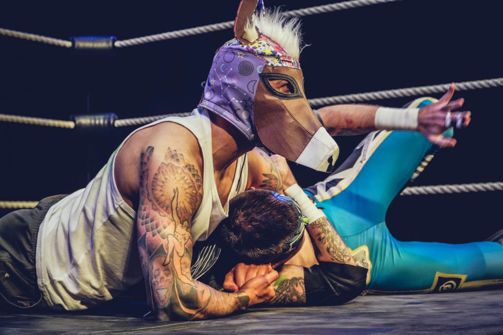 A wrestler in a donkey mask puts a naughty fairy in a headlock