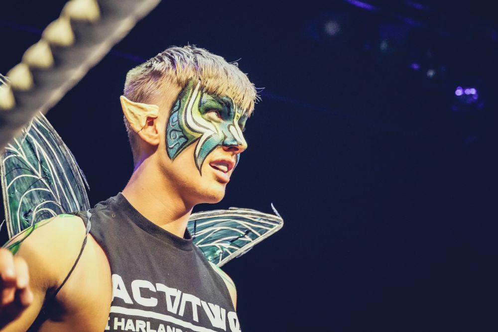 A fairy-wrestler in blue and gold makeup looks out at the crowd