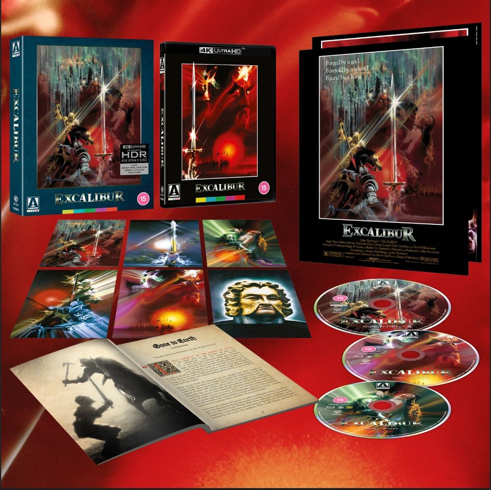 New 4K UHD edition of Excalibur from Arrow Video. The pic shows the contents and packaging: Rigid slipcase, amaray and sleeve, double-sided poster, six art cards, 120page book and three discs. all artwork is by Bob Peak from the original release poster options. vibrant, and filled with reflections and refractions like the light that glints and glows in the film. 
