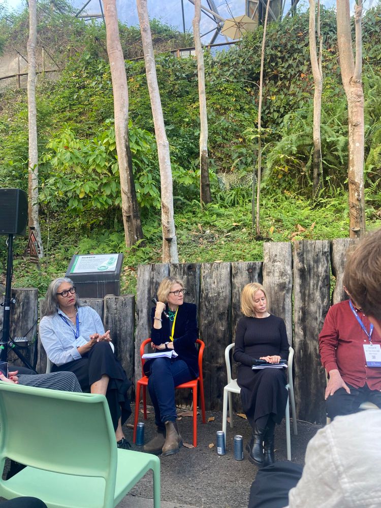 Thoughtful panel members, backed by rainforest and a casual camouflaged cut out of a jaguar 