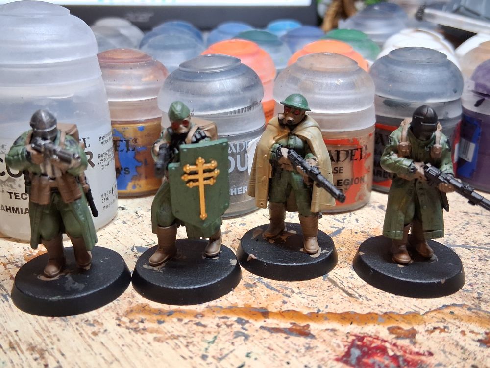Trench Crusade New Antioch yeomen in green drab uniforms with leather details, and some limited metallics