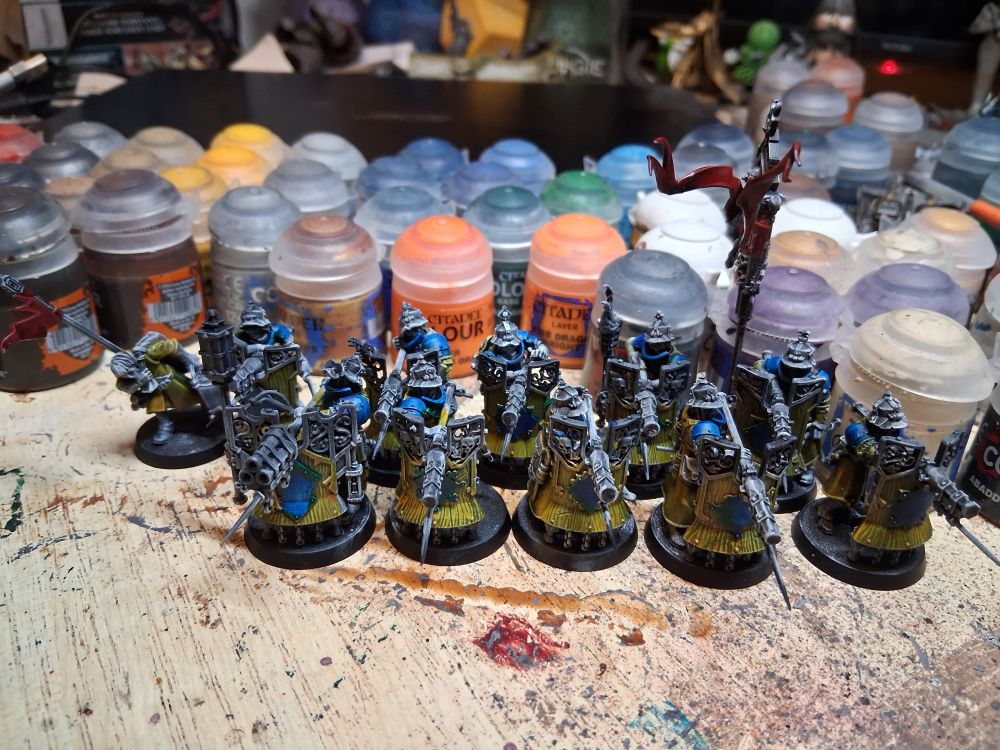 Ten cities of sigmar fusiliers, in yellow and blue. The fusils are currently grey. 
