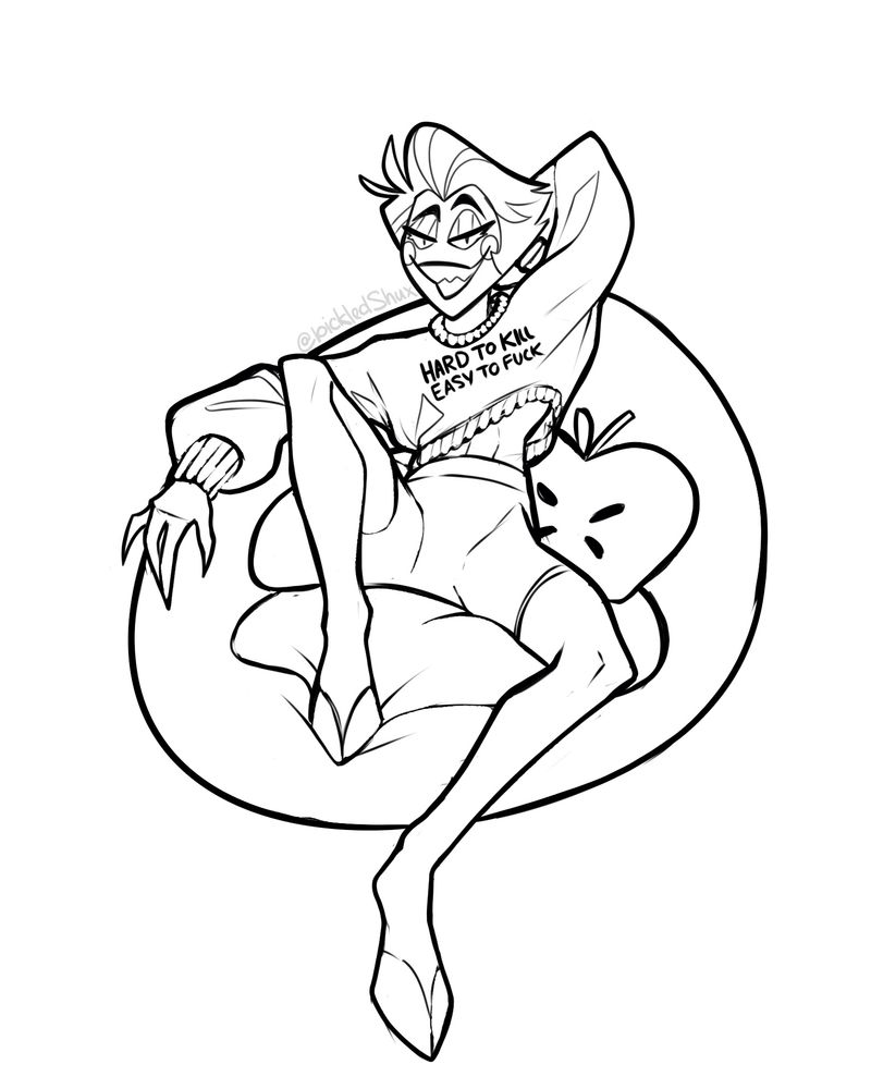 Doodle of Lucifer from Hazbin Hotel launching in an egg chair wearing a oversized crop top sweater with the words “hard to kill, easy to fuck” written on it
