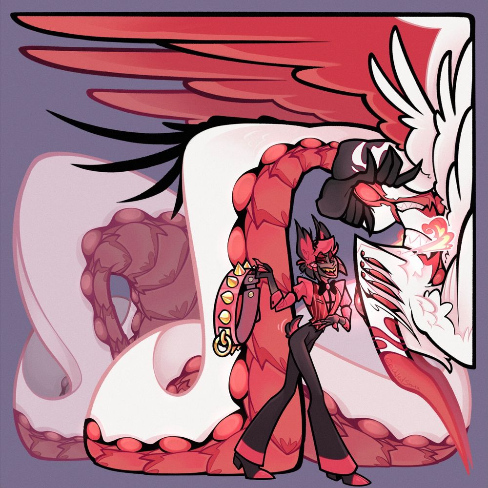 A silly little piece of art that shows Alastor and his Monster Boyfriend Lucifer (characters from Hazbin Hotel by Vivienne Medrano, aka vivziepop)

Alastor is holding up a pink collar with golden spikes while Lucifer has his arms crossed and stares Alastor down, angry flames escaping his mouth

What makes Lucifer a monster? Well! His body is the one of a snake, human-ish torso, a few mouths, many wings, even more eyes and a beak and horns. 