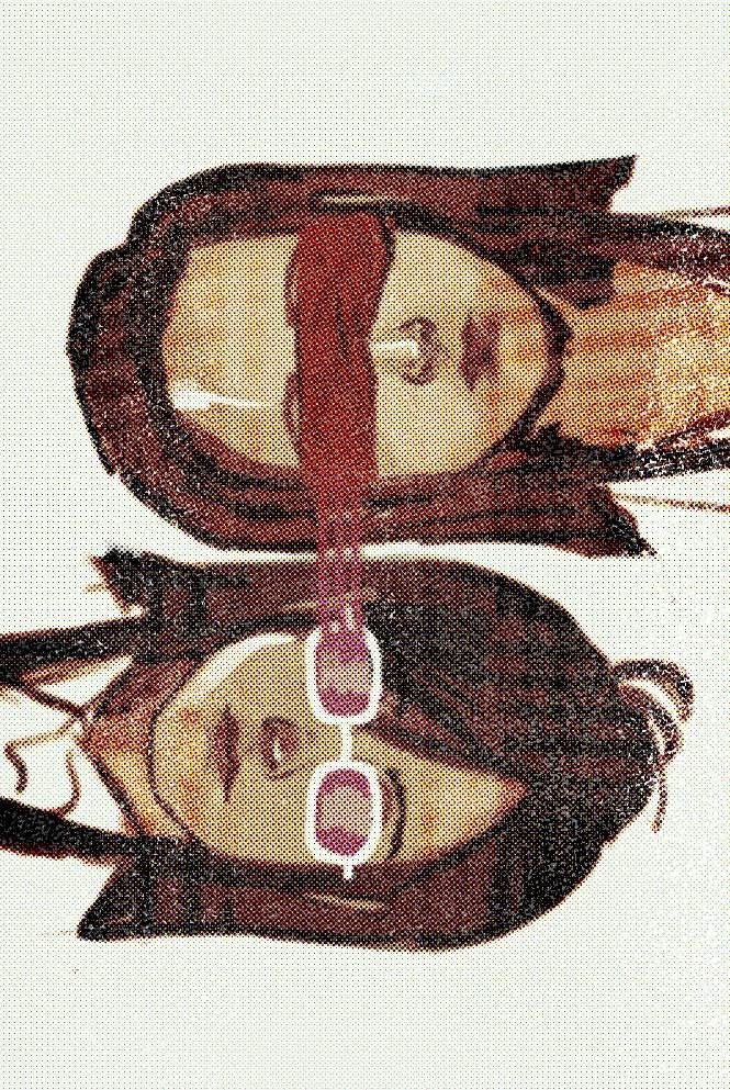 Illustration of Lana Skye and Ema Skye from Ace Attorney. From top to bottom: Headshot of Lana, rotated 90° anticlockwise. She has her muffler over her eyes as a blindfold. Coming down from her blindfold are three raked lines that gradiate from red to pink, which lead to Ema's glasses. Ema's headshot is rotated 90° clockwise. The picture has effects overlaid to make it appear like a screen print.