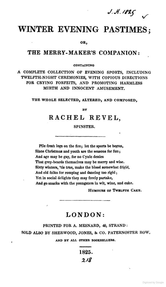 Title page of Rachel Revel’s Winter Evening Pastimes; or, the Merry-Makers Companion 