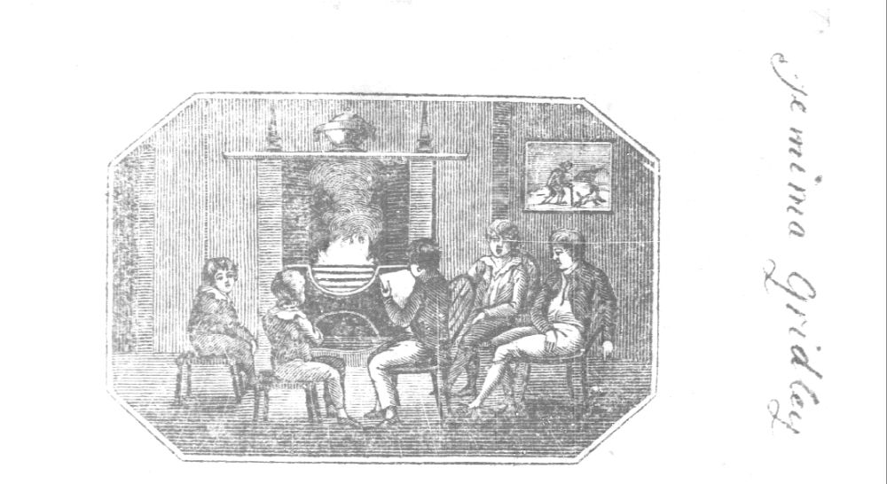 Black and white engraving from The Happy Family; or, Winter Evenings' Employment. Consisting of Reading and Conversations, in seven parts of a five people sitting in chairs around a lit fireplace. 