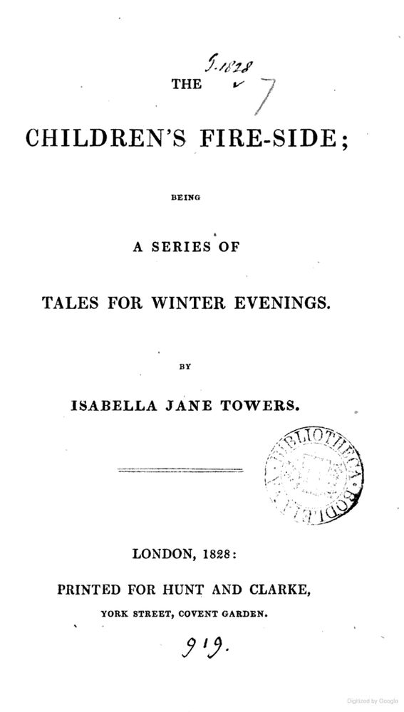 Title page of Isabella Jane Towers’s The Children's Fire-side: Being a Series of Tales for Winter Evenings