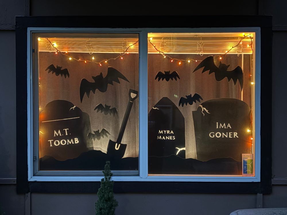 A window with paper tombstones and bats lit with orange and yellow string lights. The tombstones read M.T. Toomb, Myra Manes, and Ima Goner. 