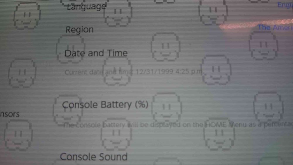 A Nintendo Switch with a custom theme on the Date and Time settings. The current date and time reads as December 31st, 1999 at 4:25 PM